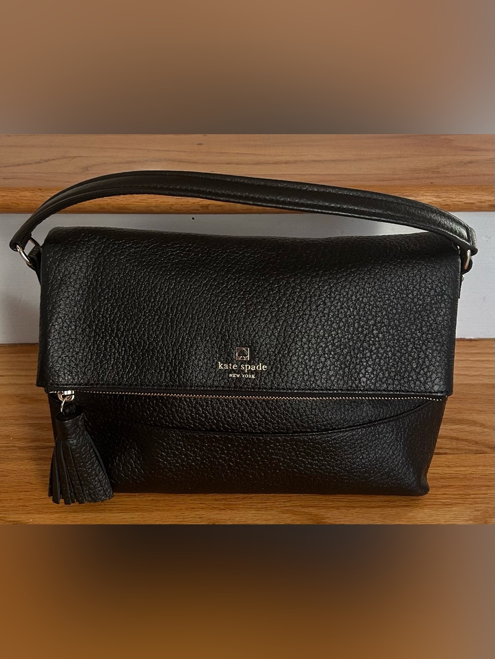 New kate spade Black Pebbled Leather Crossbody with Gold Logo